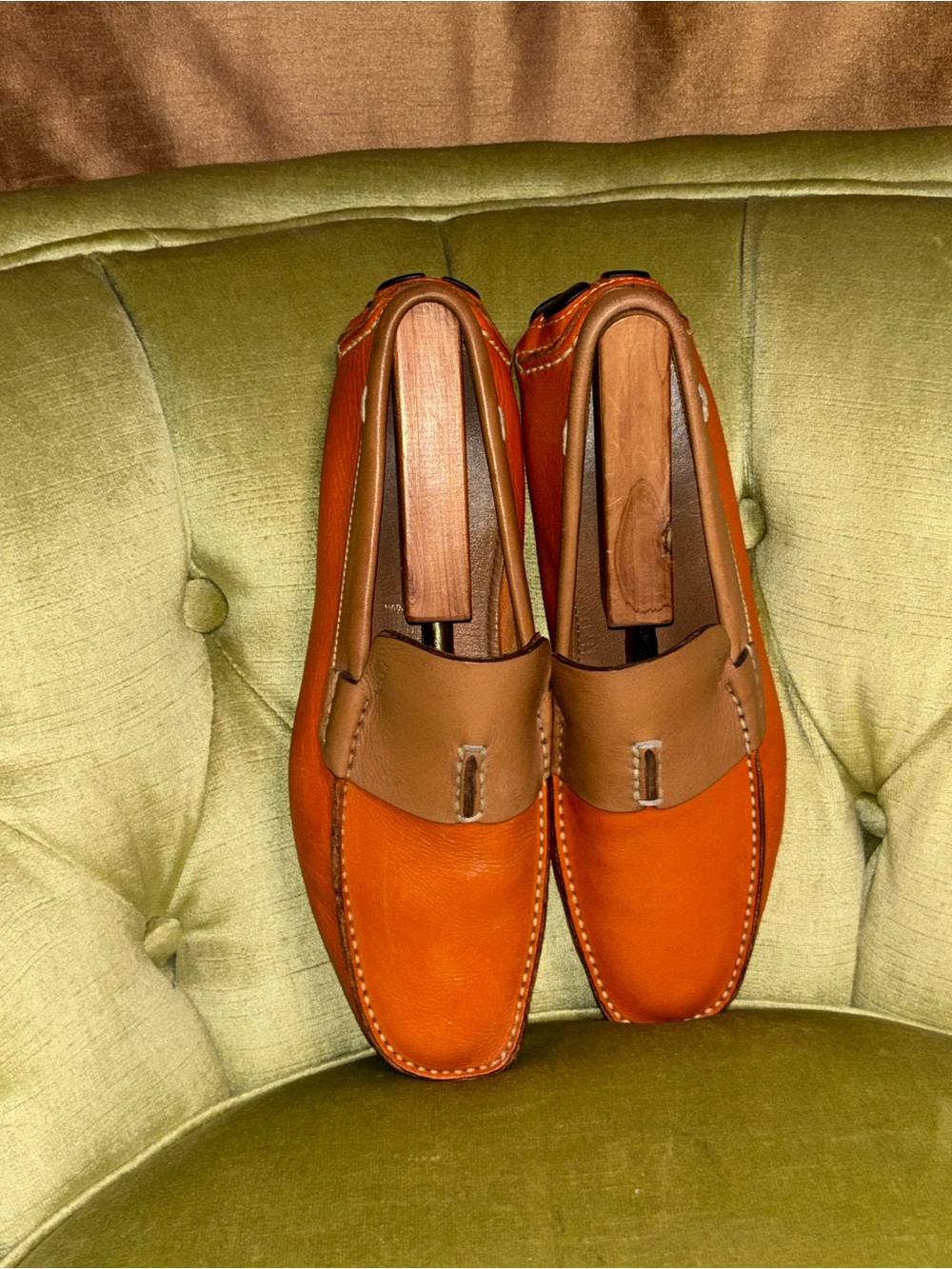 Prada Mens Saffiano Leather Slip On Driving Loafer Orange Tan Men's Size 7 - Picture 11 of 13